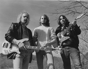 Photo of The Rocky Amaretto Band, 1988. L to r, Rocky Adcock, Chris Cahall and Andy Brauner